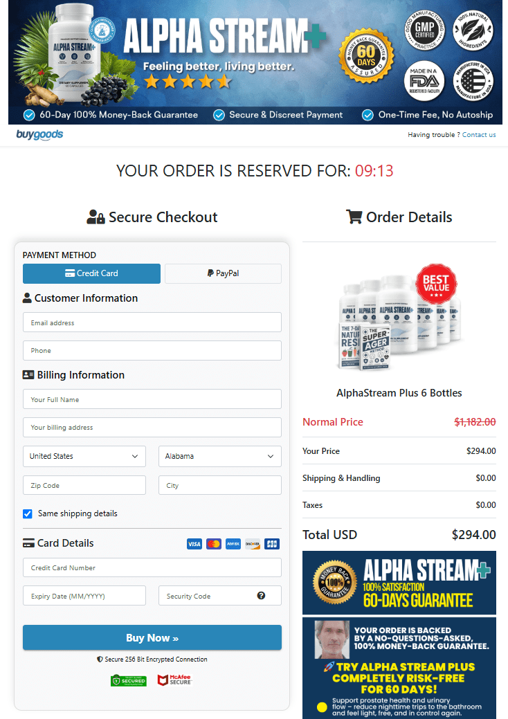 Alpha Stream Plus checkout page